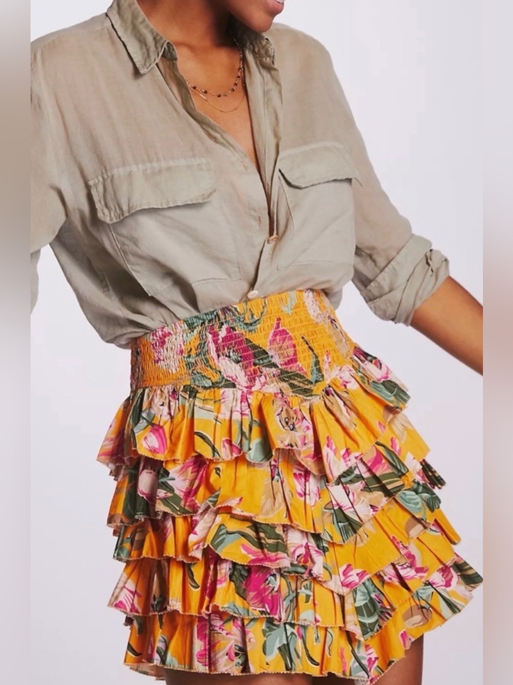 Love The Label Anthropologie Tiered Ruffle Floral Mini Skirt Large
